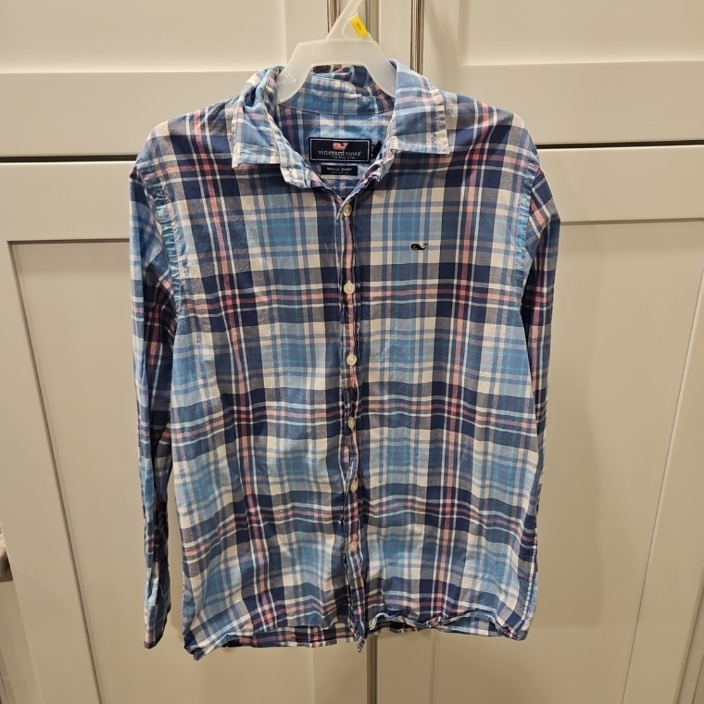 Vineyard Vines Boys Whale Shirt Button Down Dress Size Medium Blue Pink Plaid 12